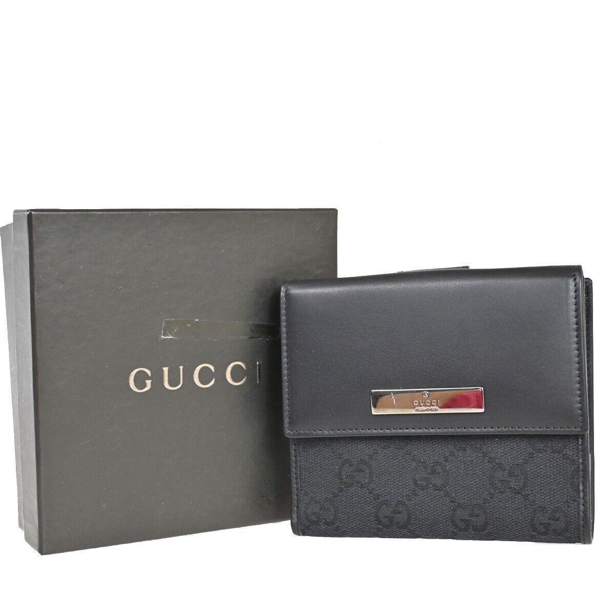 GUCCI Logo GG Pattern Bifold Wallet Canvas Leather Black SHW Italy 35YD865