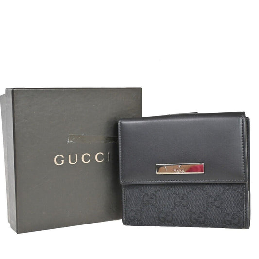 GUCCI Logo GG Pattern Bifold Wallet Canvas Leather Black SHW Italy 35YD865