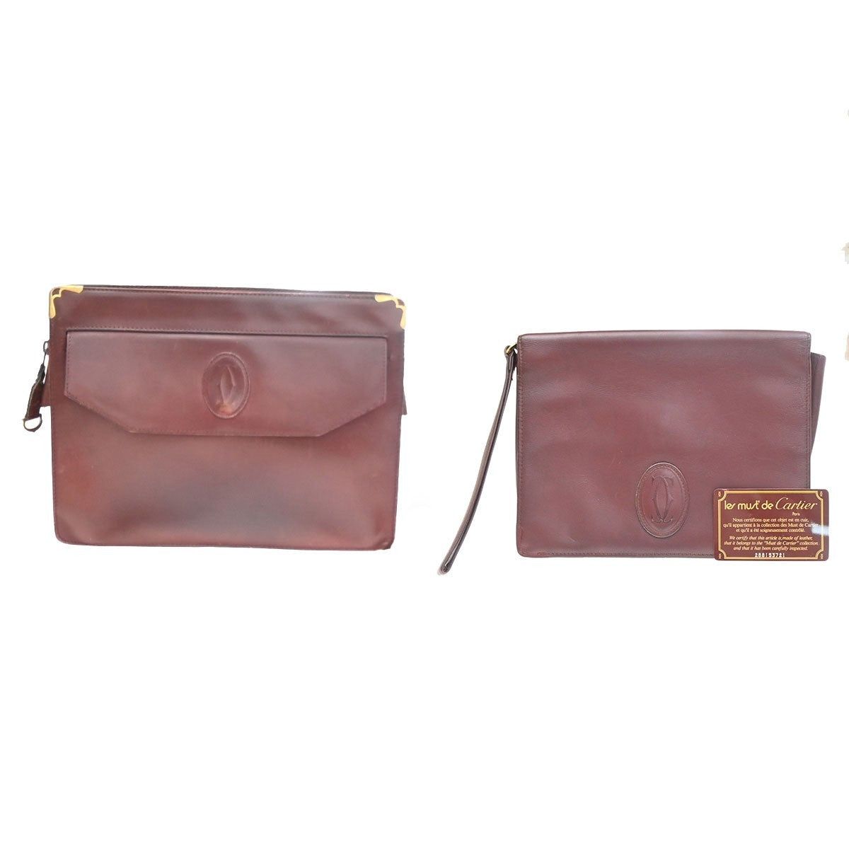 Cartier Logo Must Line 2set Clutch Hand Bag Leather Burgundy Red 07CA861