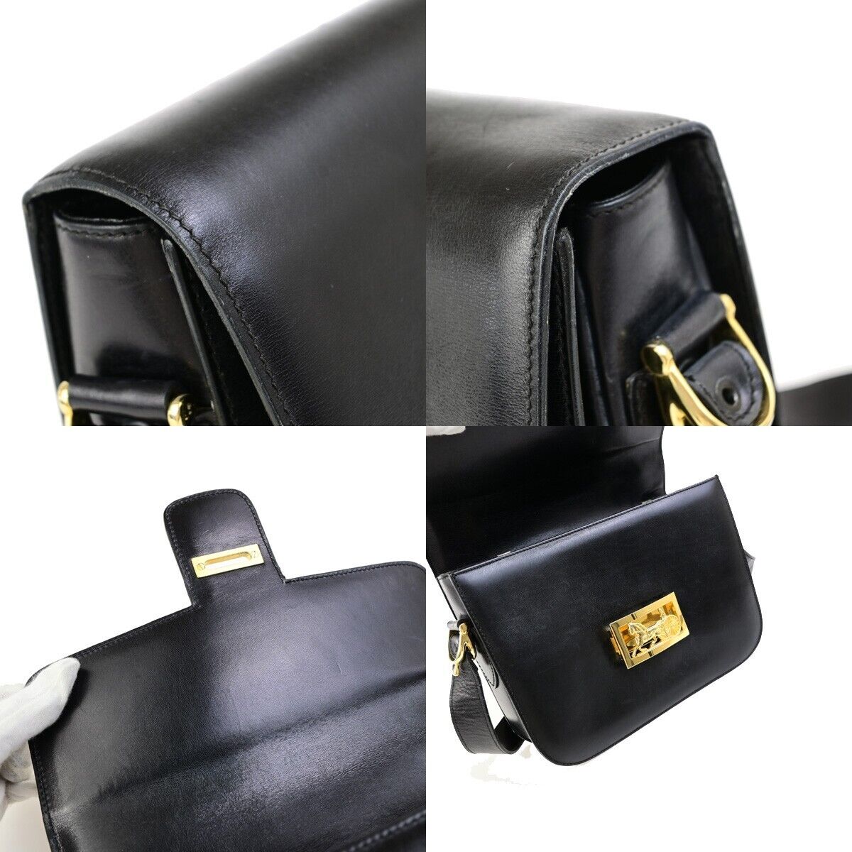 CELINE Logo Horse Carriage Shoulder Bag Leather Black GHW Italy 87EC982