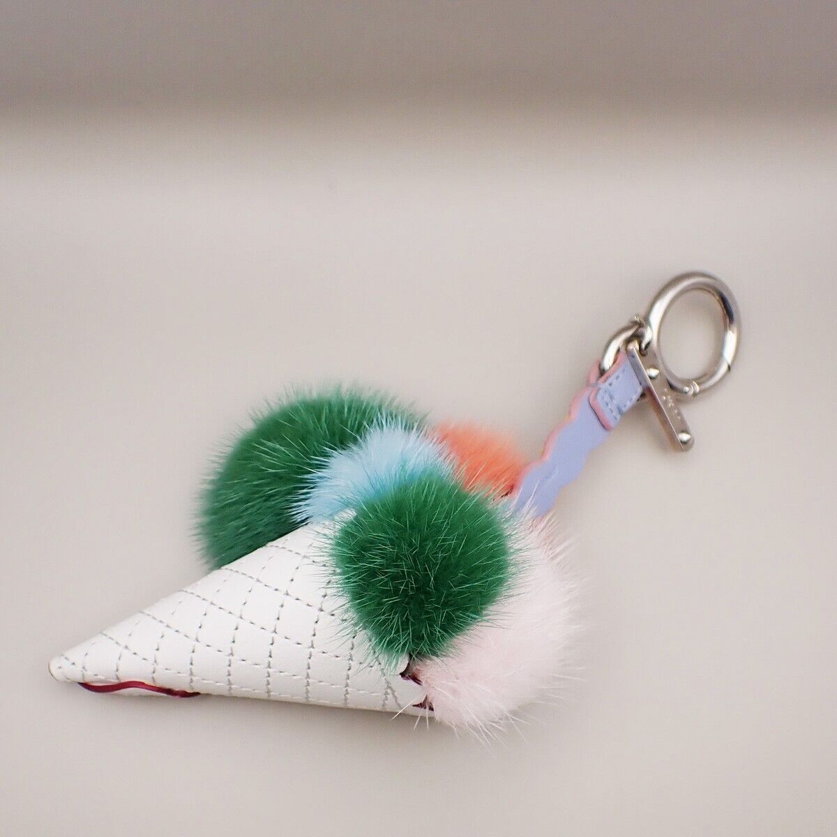 FENDI Logo Ice Cream Bag Charm Key Holder Studs Leather Fur Multi-Color 04YG572