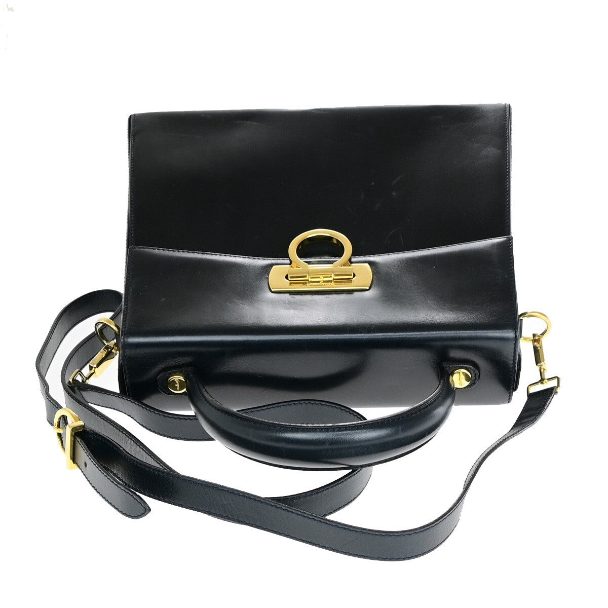 SALVATORE FERRAGAMO Logo Gancini 2Way Shoulder Hand Bag Leather Blue GHW 34YF576