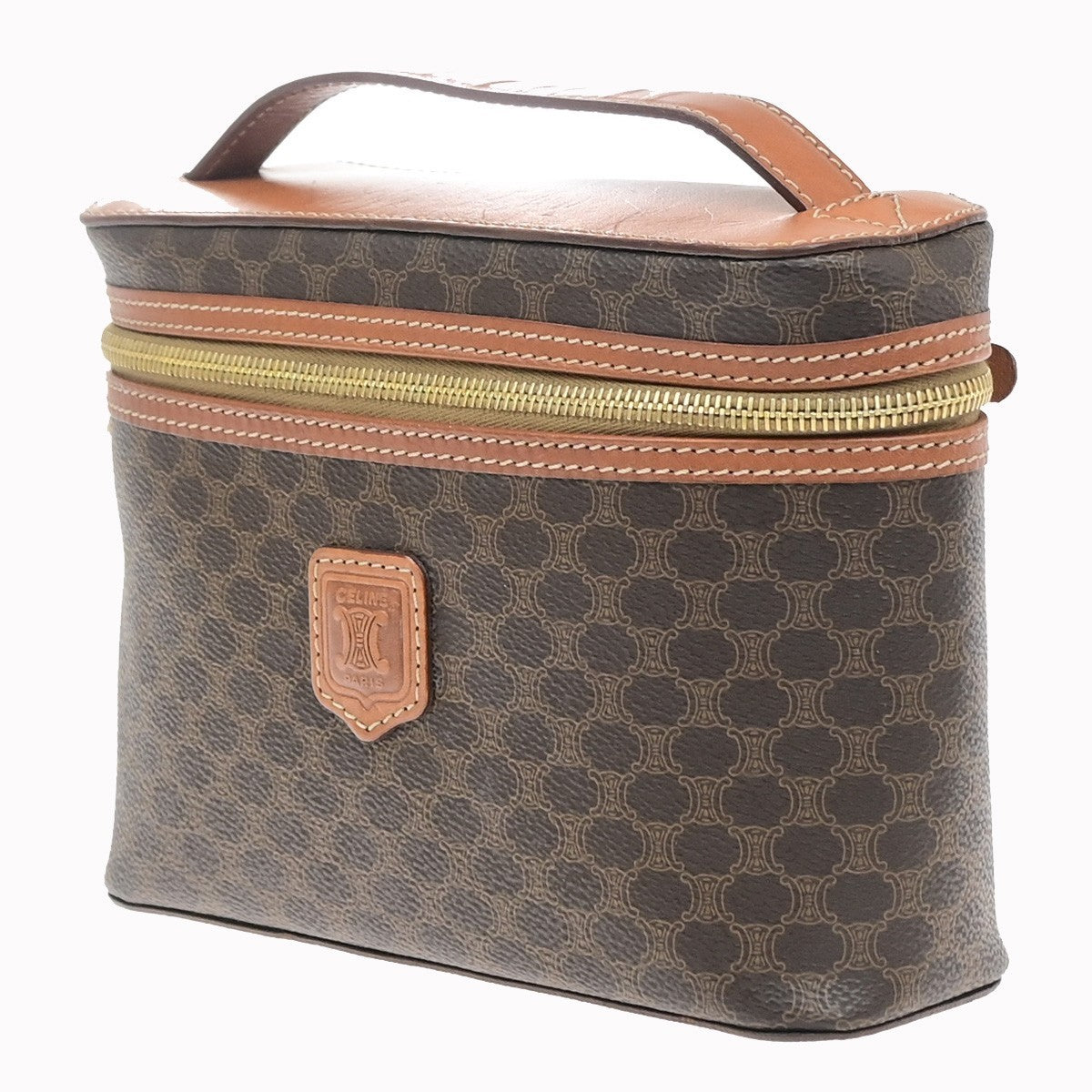 CELINE Logo Macadam Pattern Vanity Hand Bag PVC Leather Brown GHW Italy 69MA716