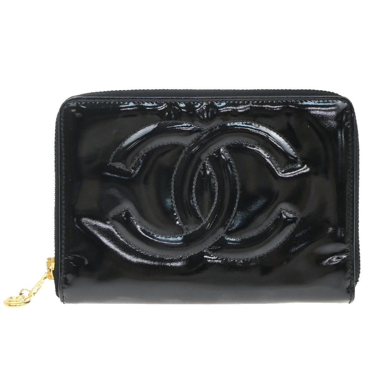 CHANEL CC Logo Zipper Around Wallet Patent Leather Black Italy Vintage 05EG064