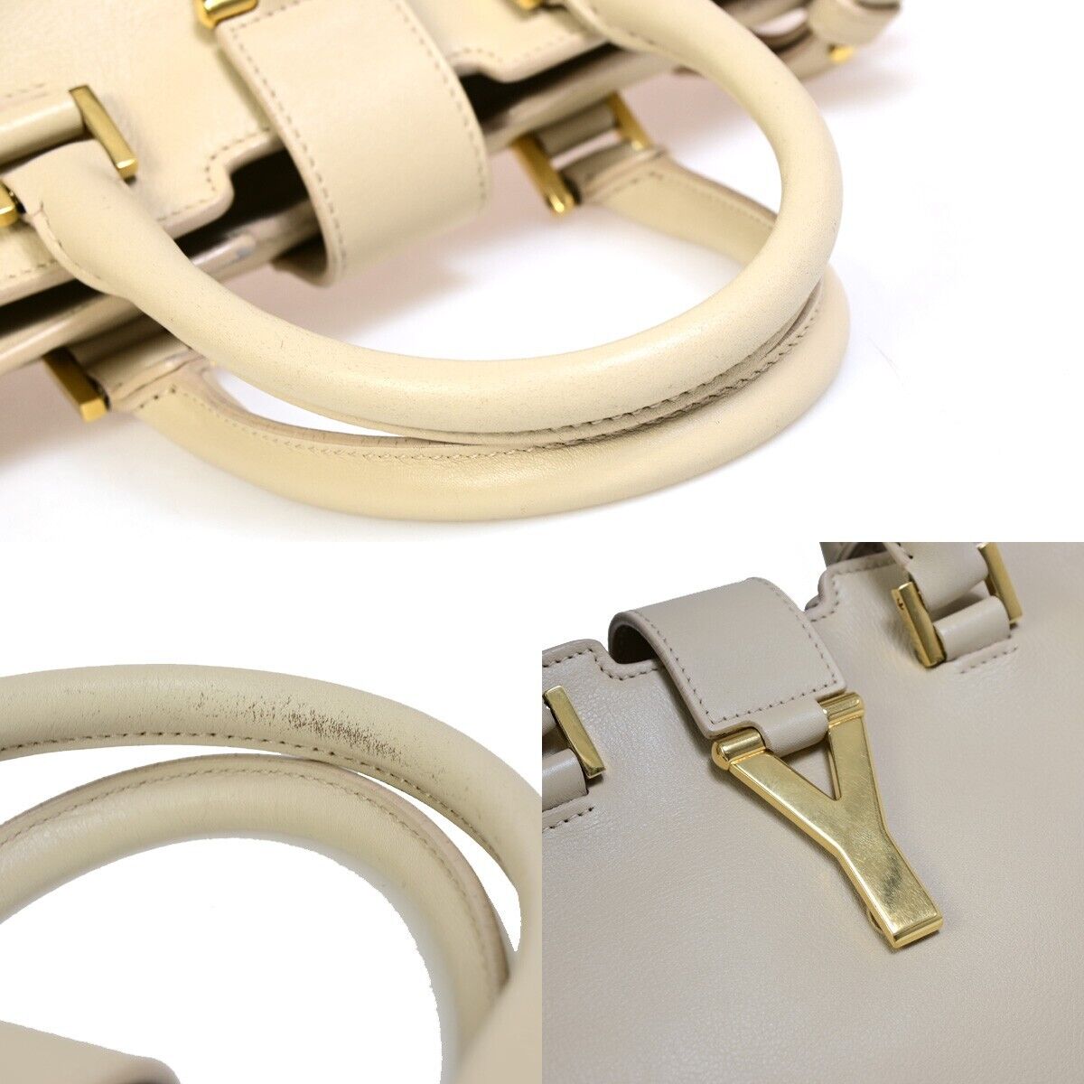 SAINT LAURENT  Logo Classic Y Cabas 2 Way Hand Bag Leather Beige Gold 72EB672