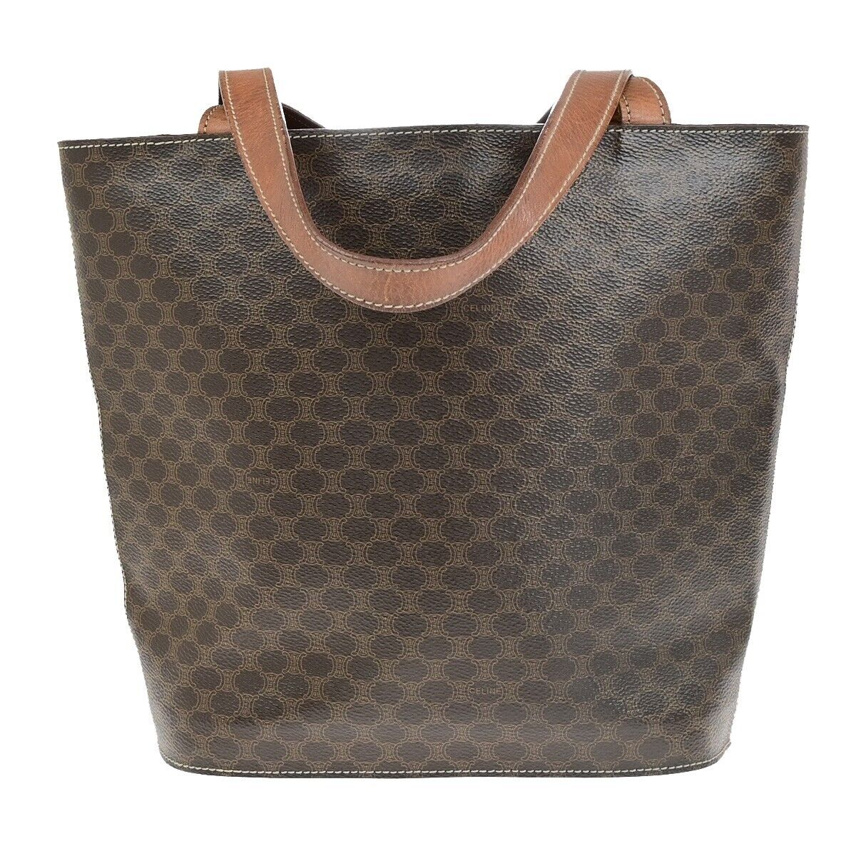 CELINE Logo Macadam Pattern Shoulder Tote Bag PVC Leather Brown GHW 67ED369