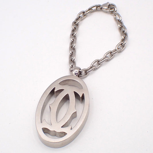 CARTIER 2C Logo Chain Bag Charm Key Ring Pendant Top Silver Accessory 07MA184