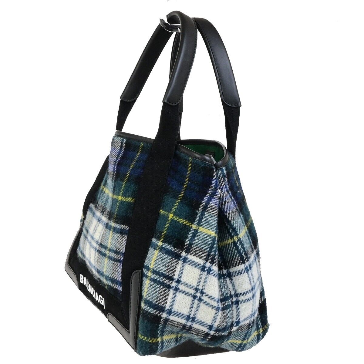 BALENCIAGA Navy Cabas S Hand Tote Bag Check Wool Leatehr Green Black 75KA432