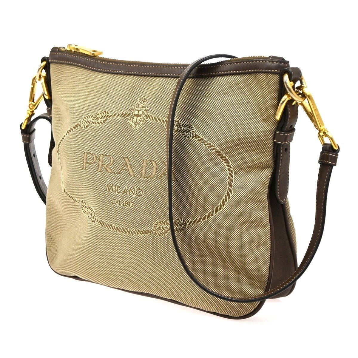 PRADA MILANO Logo Jacquard Shoulder Bag  Leather  Canvas  Brown 19SA060