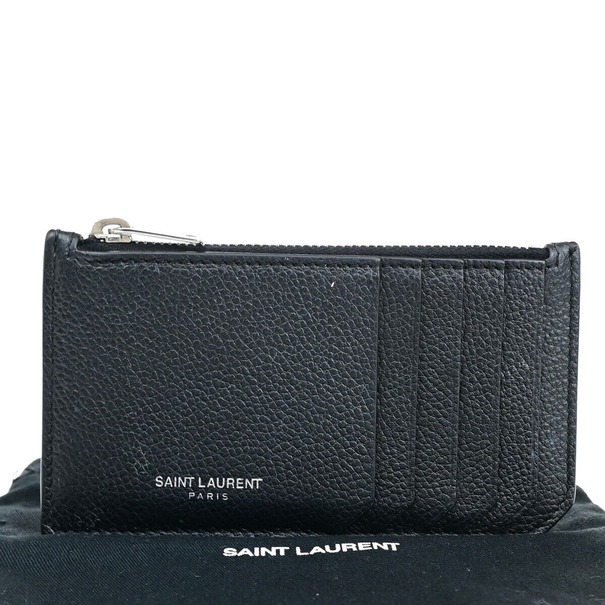 SAINT LAURENT Logo Coin Wallet Purse Leather Black Silver Made In Italy 62HB970