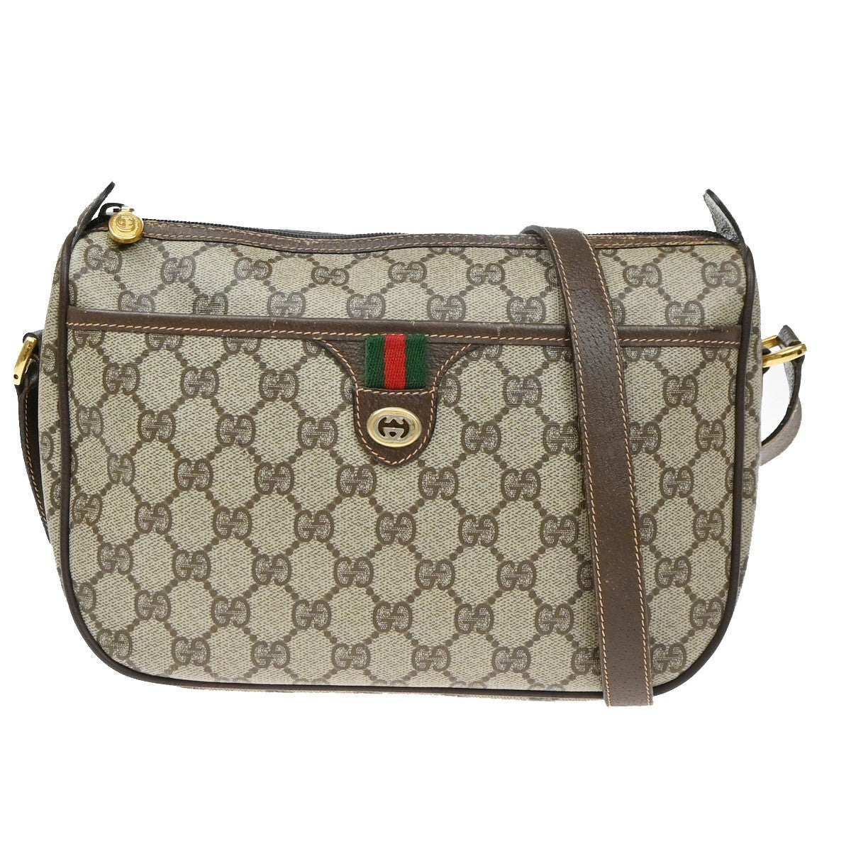 GUCCI Logo Web Sherry GG Pattern Shoulder Bag PVC Leather Brown Italy 65YJ167