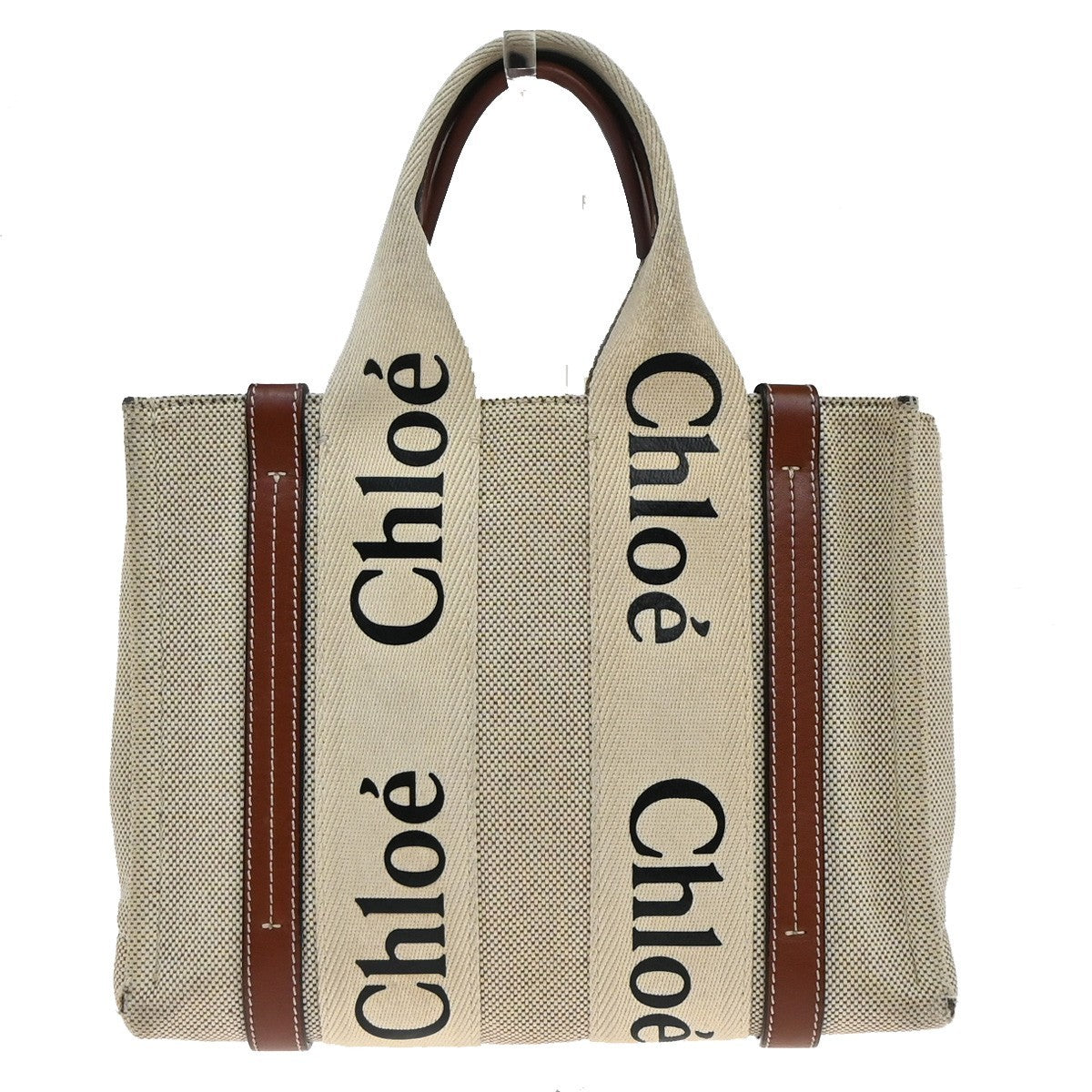 CHLOE Logo Woody Small Hand Tote Bag 100% Cotton Leathr Beige Italy 30KP573