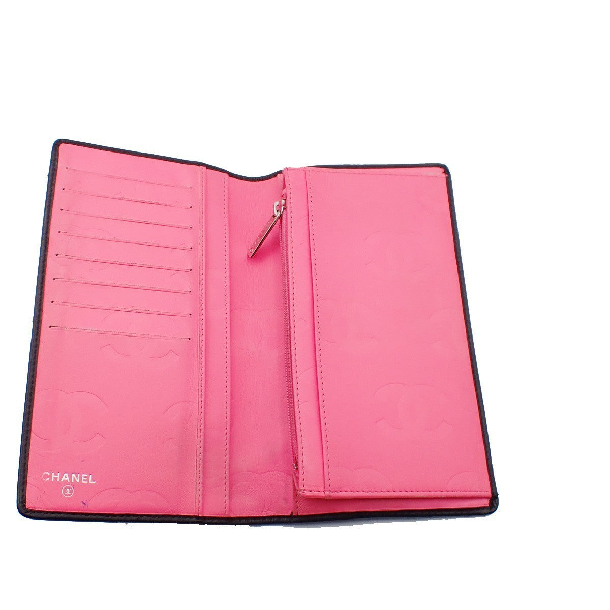 CHANEL CC Logo Cambon Long Bifold Wallet Purse Leather Black Pink Italy 33KC572