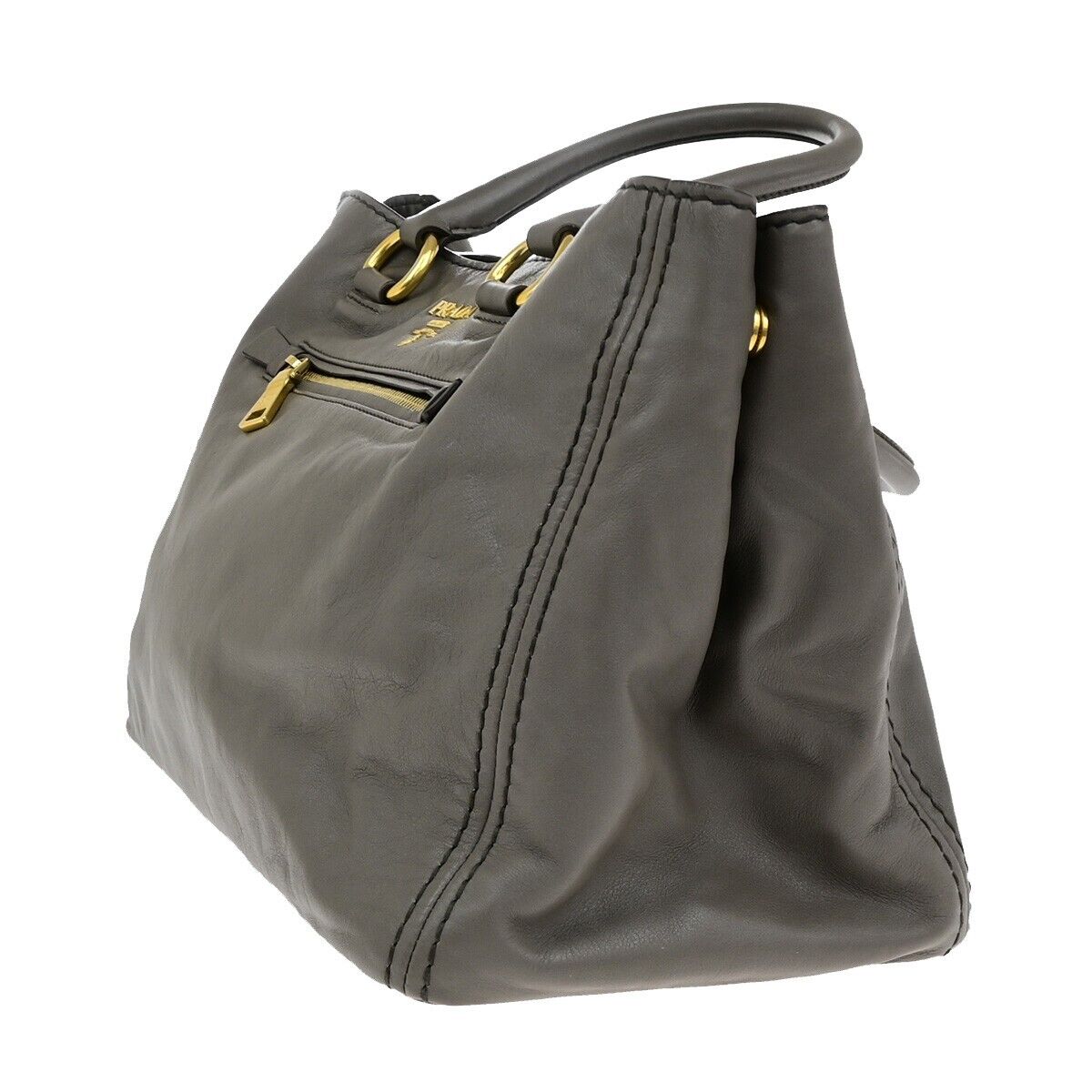 PRADA MILANO Logo Hand Tote Bag Leather Gray Gold-Plated 32FB528