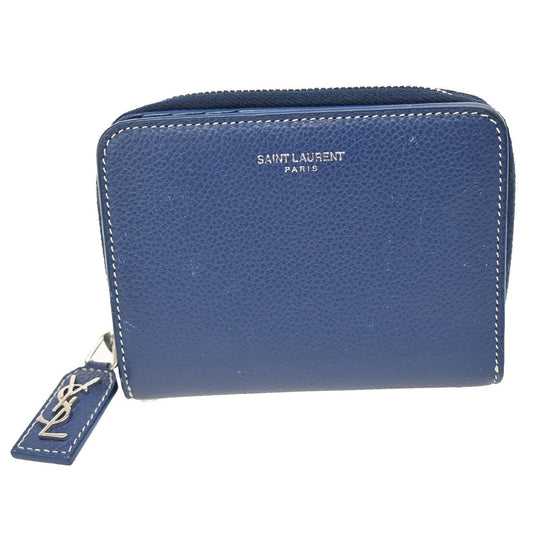 YVES SAINT LAURENT Zipper Around Compact Wallet  Leather Blue 65KB728