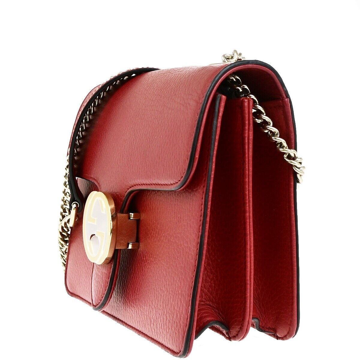 GUCCI Logo Interlocking G Mini Chain Shoulder Bag Leather Red GHW Italy 14ED352