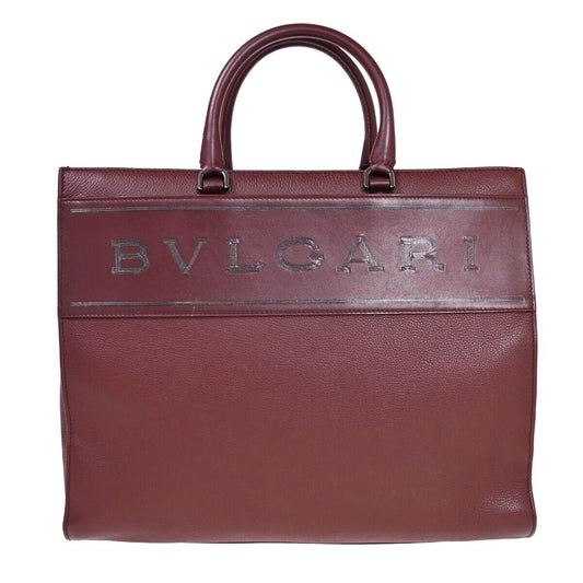 BVLGARI LOGO Hand Tote Bag Canvas Calf Leather Bordeaux Silver Italy 98HB362