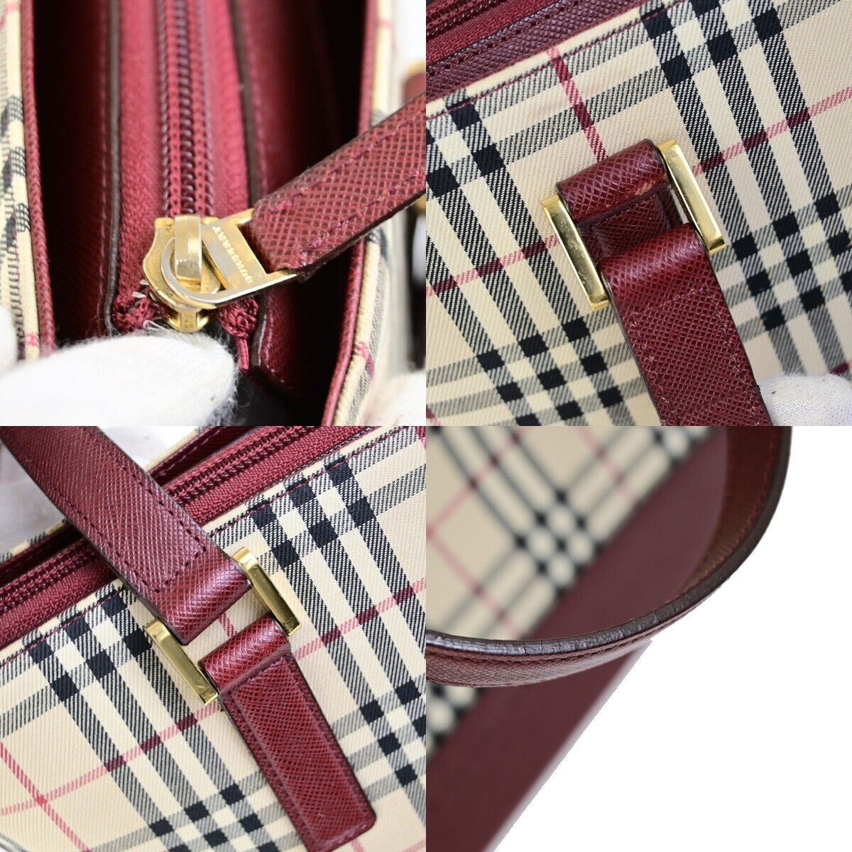 BURBERRY Logo Hand Bag Nova Check Canvas Leather Burgundy GHW 83RK727