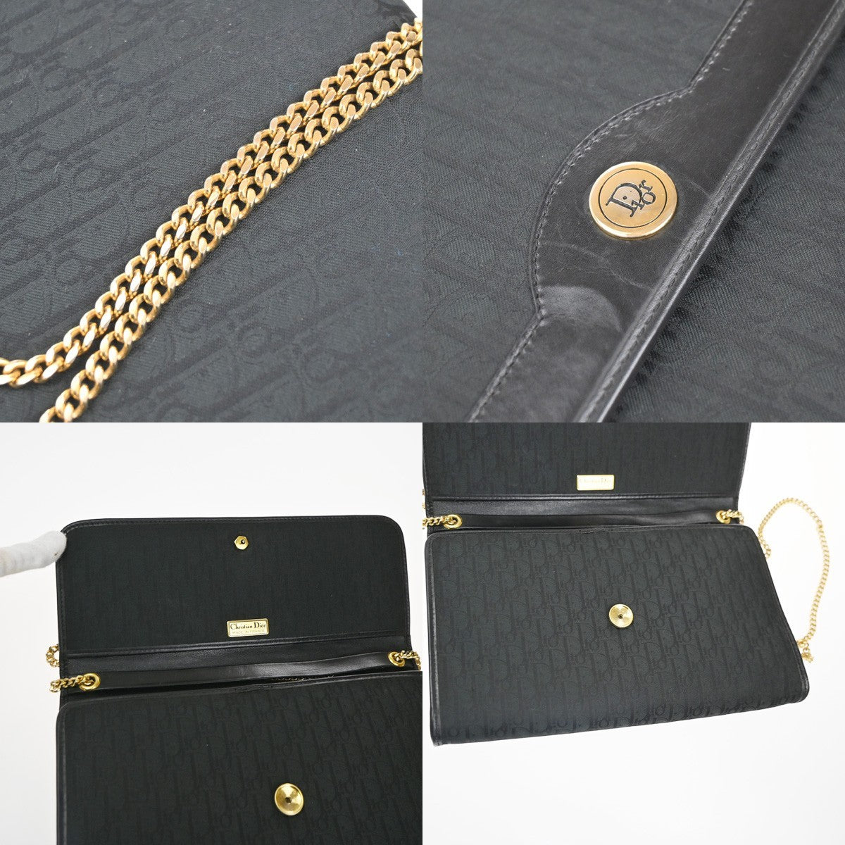 CHRISTIAN DIOR Trotter Pattern 2way Clutch Hand Bag Canvas Leather Black 38KC787