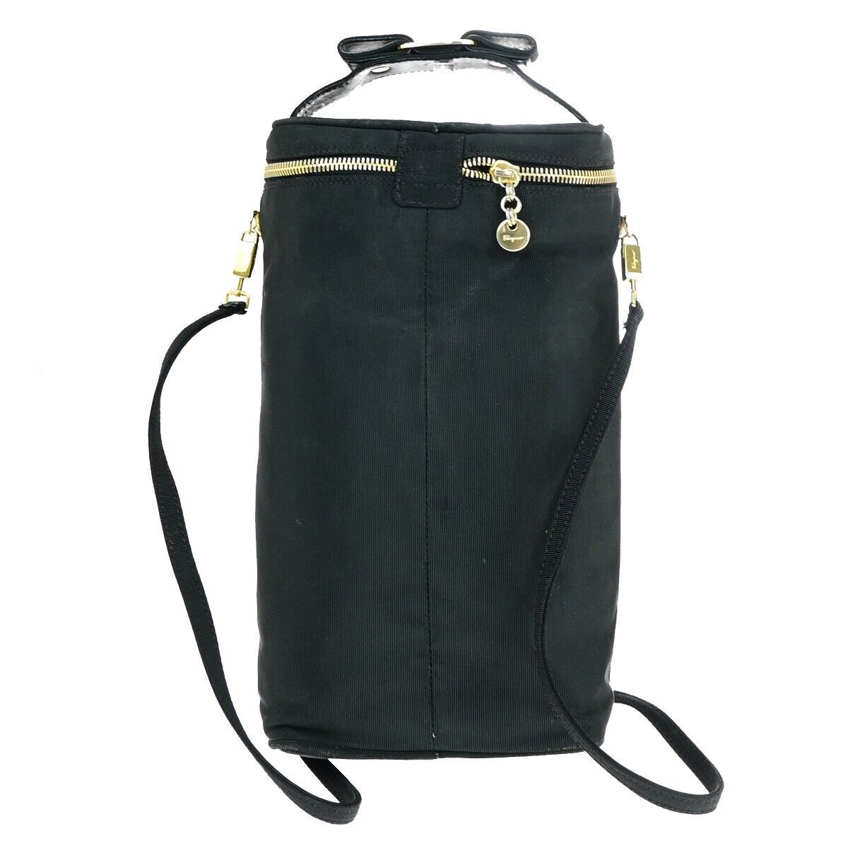SALVATORE FERRAGAMO Vara Vanity Hand Shoulder Bag Canvas Leather Black 09KA255