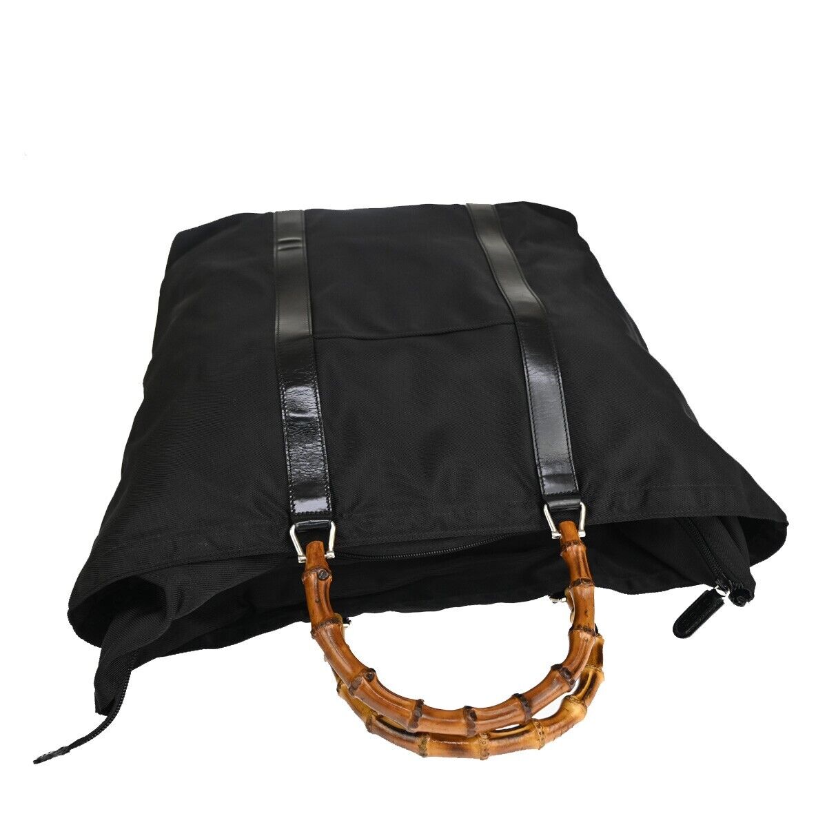 GUCCI Logo Bamboo Tote Hand Bag Nylon Leather Black Silver Italy 09YE231