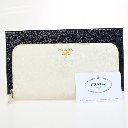 PRADA Logo Saffiano Long Zipper Around Wallet Leather White GHW Italy 63EC431