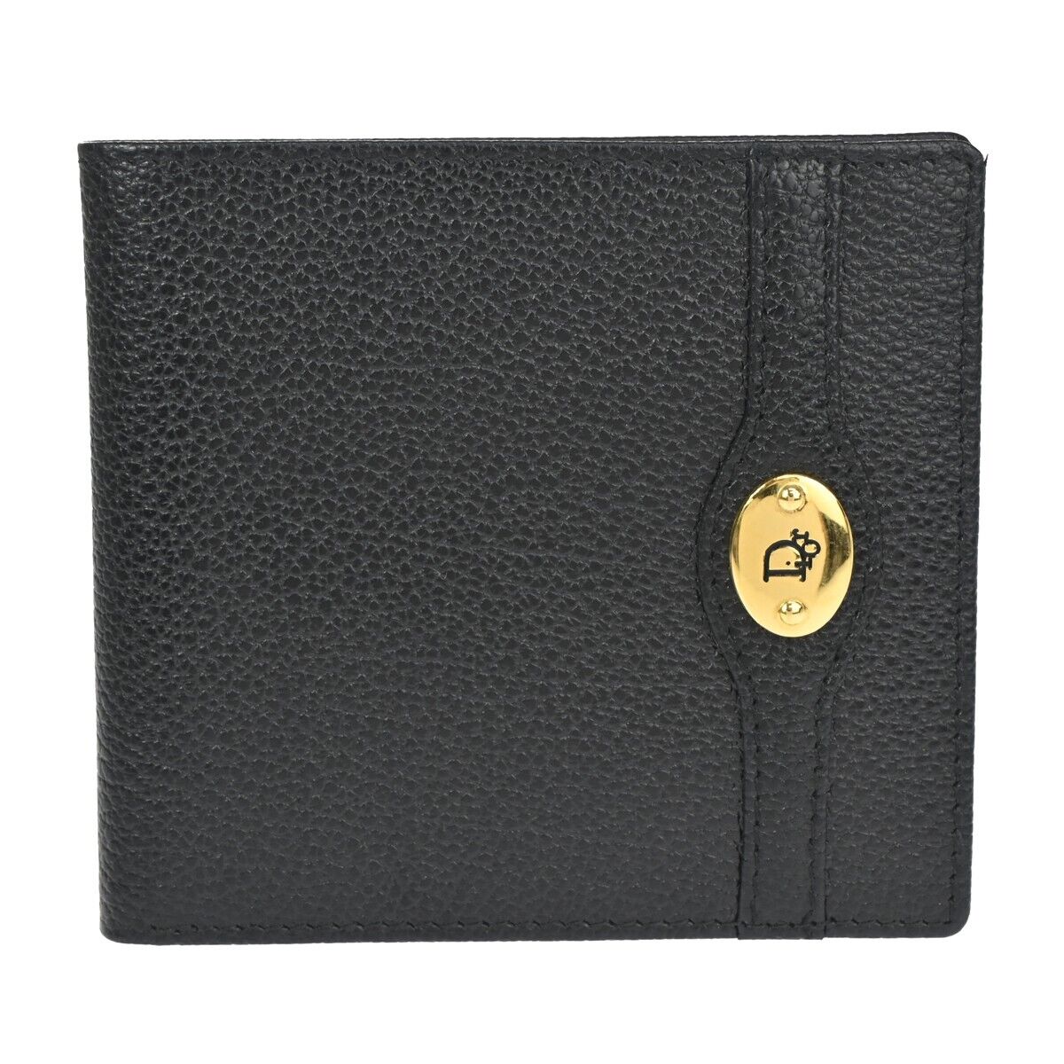 CHRISTIAN DIOR Logo Bifold Wallet Purse Leather Black Gold-Plated Spain 02EA091