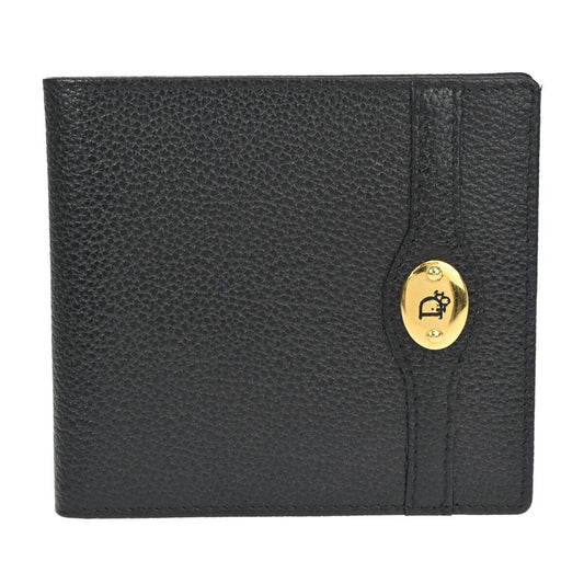 CHRISTIAN DIOR Logo Bifold Wallet Purse Leather Black Gold-Plated Spain 02EA091