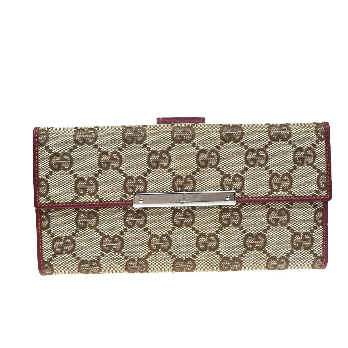 GUCCI GG Biifold Long Wallet Canvas Leather Red Beige SHW Italy 88KD057