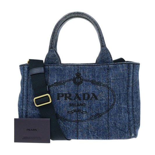PRADA Milano Logo CANAPA 2Way Shoulder Hand Bag Denim Leather Blue GHW 85EE041