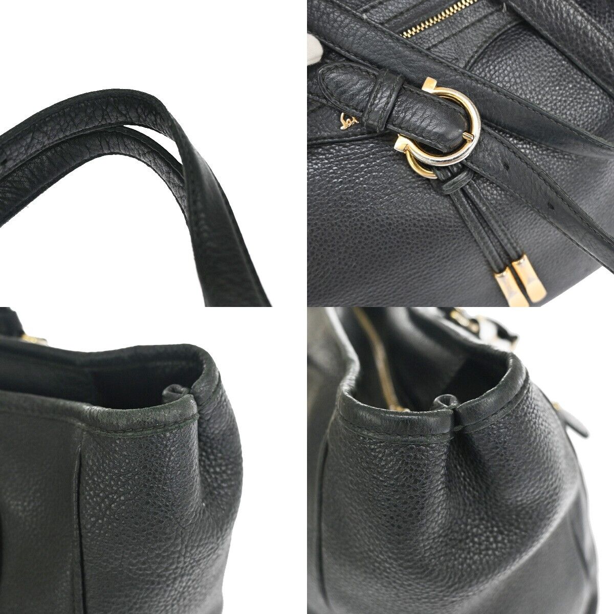 SALVATORE FERRAGAMO Logo Gancini Shoulder Bag Leather Black Gold Italy 63YC962