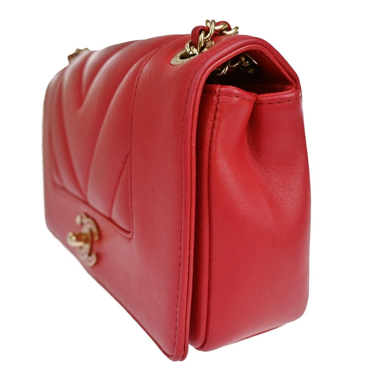 CHANEL CC Logo V Stitch Double Flap Chain Shoulder Bag Leather Red GHW 804RJ284