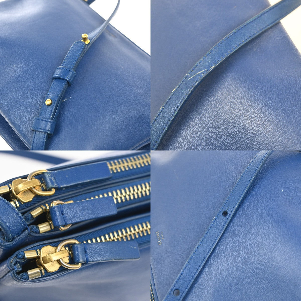 CELINE Logo Trio Crossbody Shoulder Bag Leather Blue Italy 87KP580