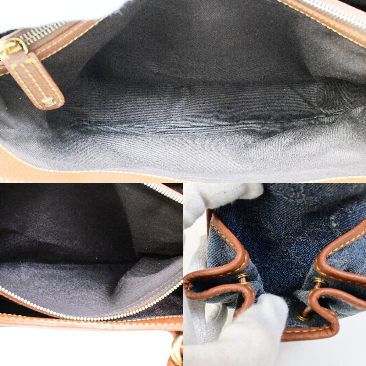 CELINE Logo Macadam Pattern Hand Tote Bag Denim Leather Brown 86FB086