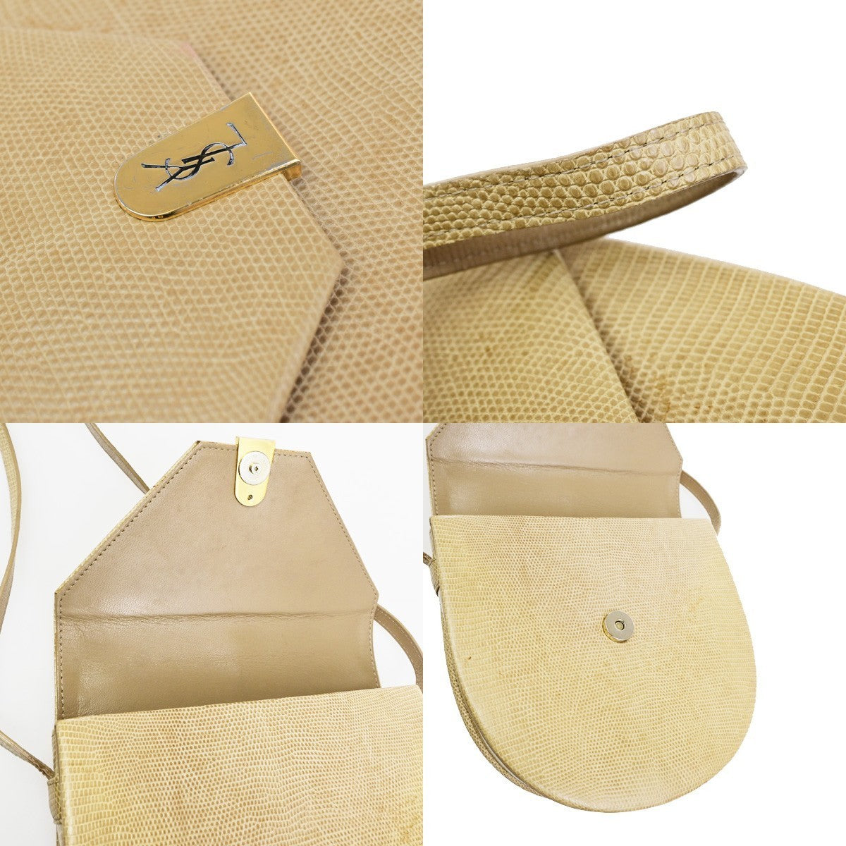 YVES SAINT LAURENT YSL Logo Mini Shoulder Bag Embossing Leather Beige 80YJ272