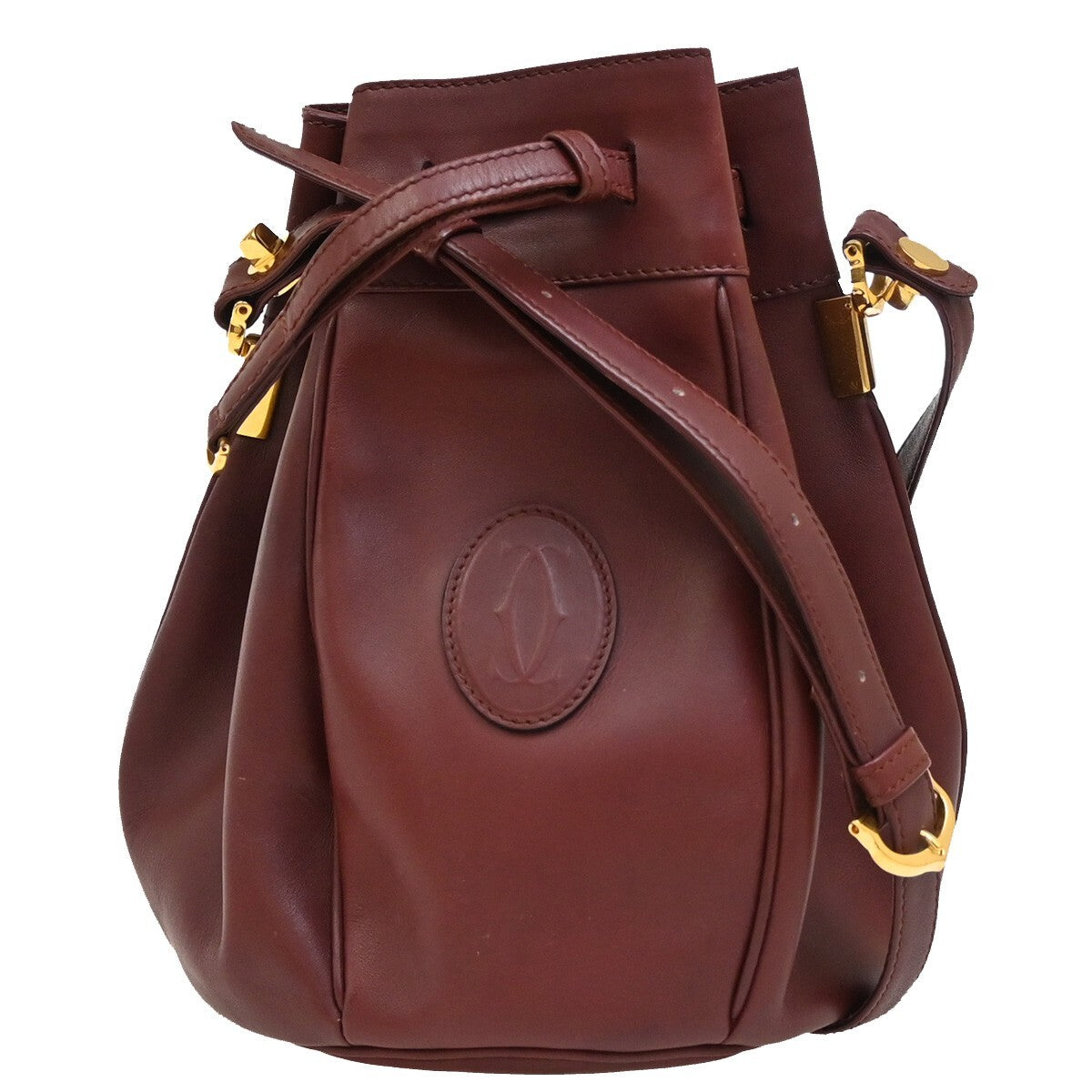 MUST DE CARTIER 2C Logo Drawstring Shoulder Bag Leather Red Gold 38EE280
