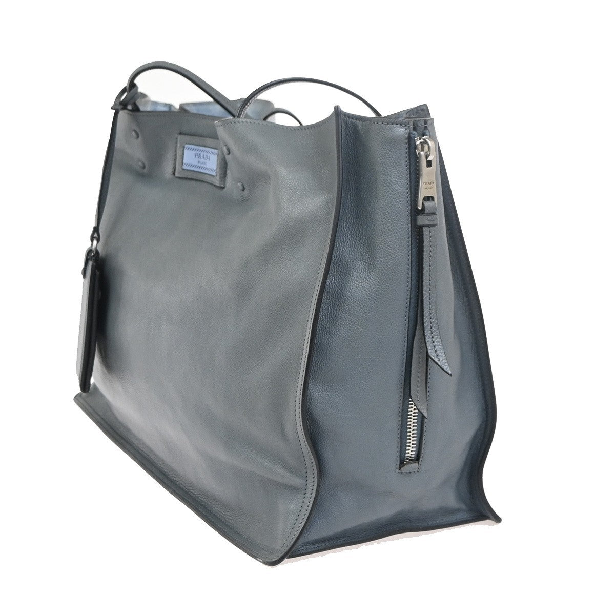 PRADA Logo Shoulder Tote Bag Glace Calf Leather Blue Marine SHW Italy 15KC780