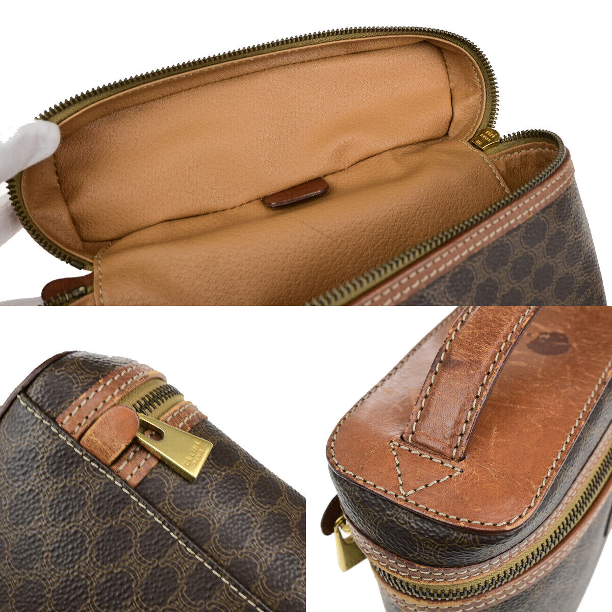 CELINE Logo Macadam Pattern Vanity Hand Bag PVC Leather Brown GHW Italy 63YG623