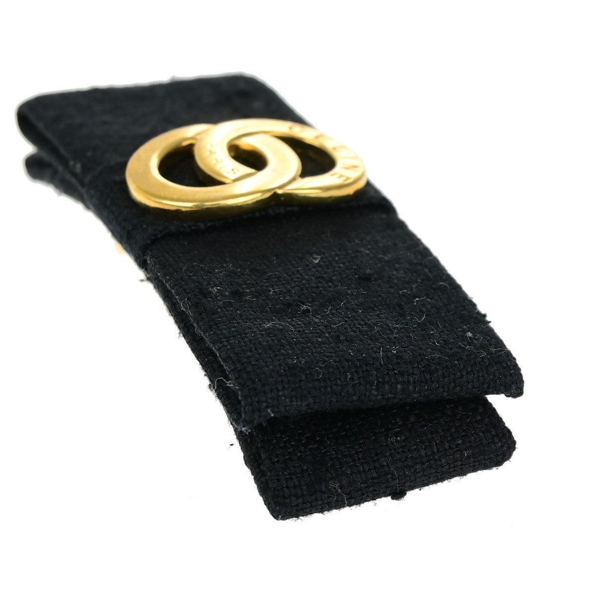 CELINE Logo Double Circle Ribbon Hair Clip Barrette Canvas Black GHW 09KB604