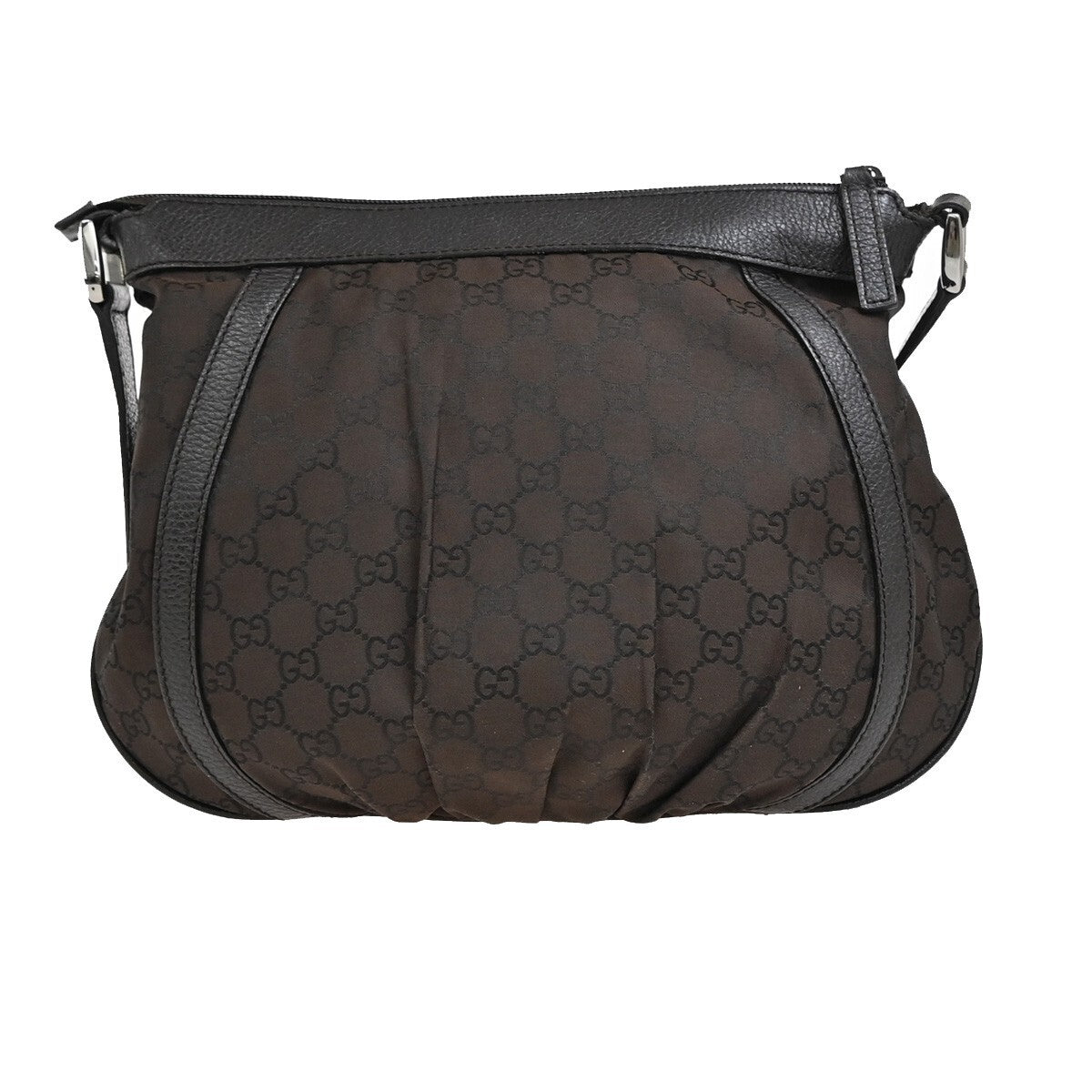 GUCCI Logo GG pattern Shoulder Bag Nylon Leather Brown Silver Italy 88EE172