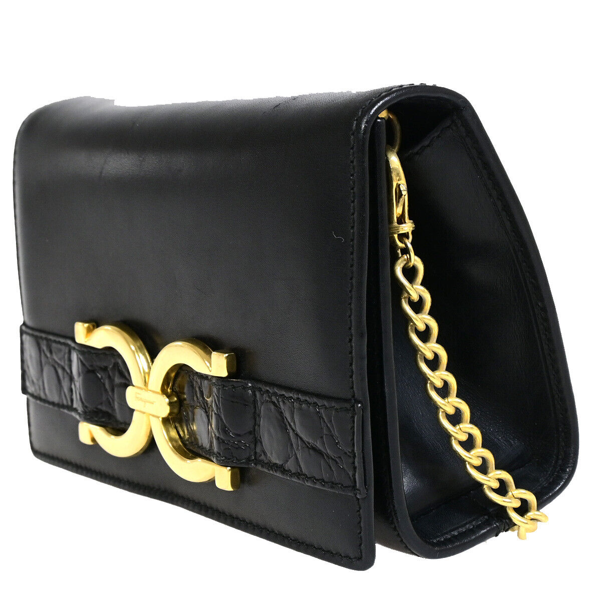 SALVATORE FERRAGAMO MIni Chain Shoulder Bam Bag Embossing Leather GHW 67SJ078