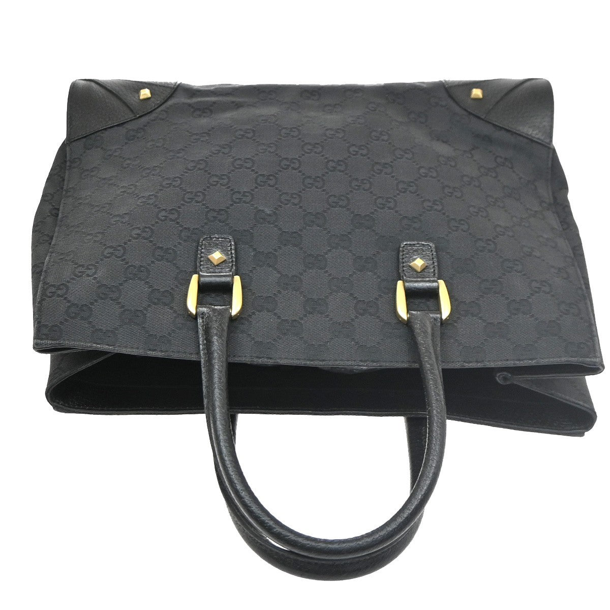 Gucci GG  Pattern Nailhead Tote Hand Bag Black Canvas Leather Italy 84SA156