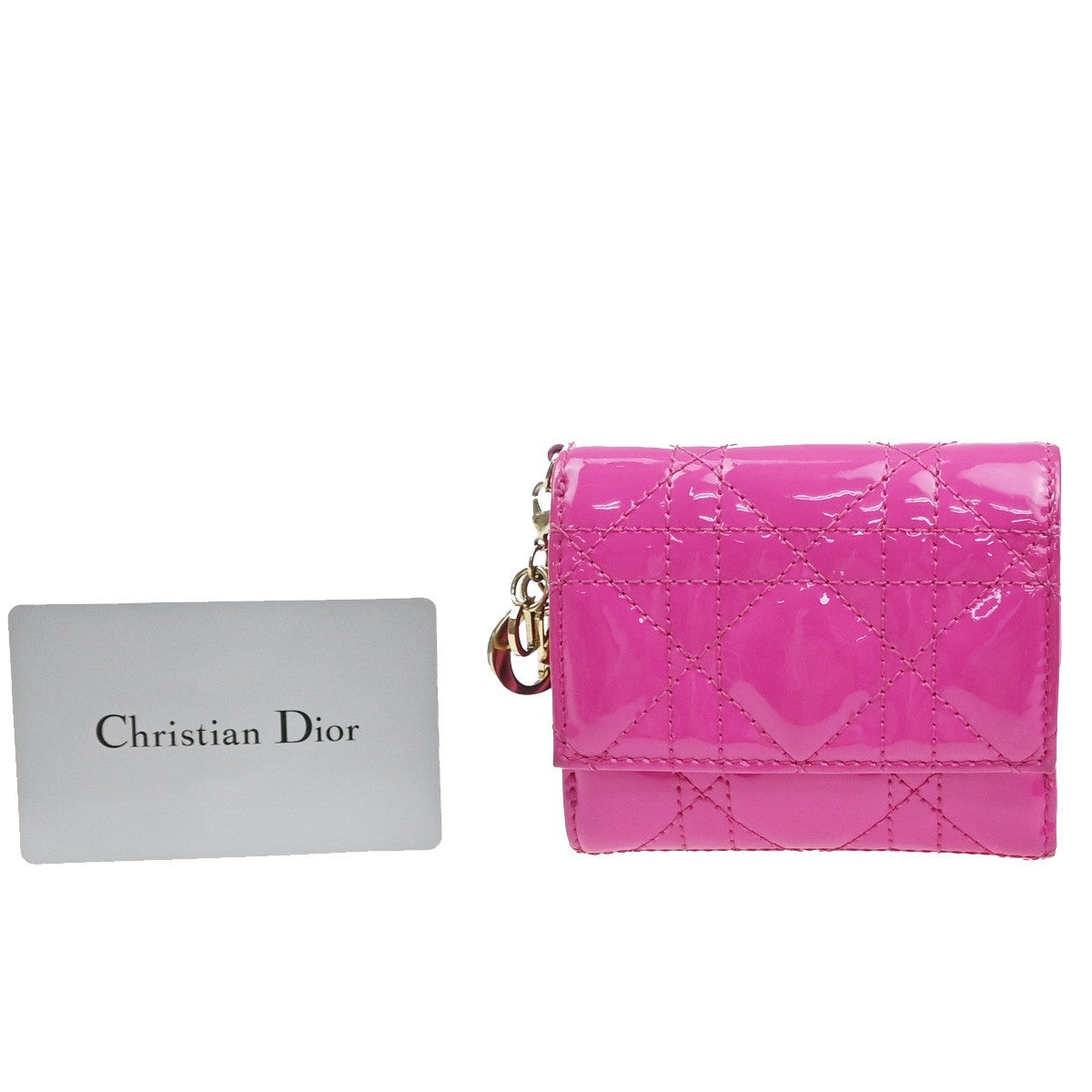 CHRISTIAN DIOR Lotus Cannage Compact Trifold Wallet Patent Leather Pink 30YJ112