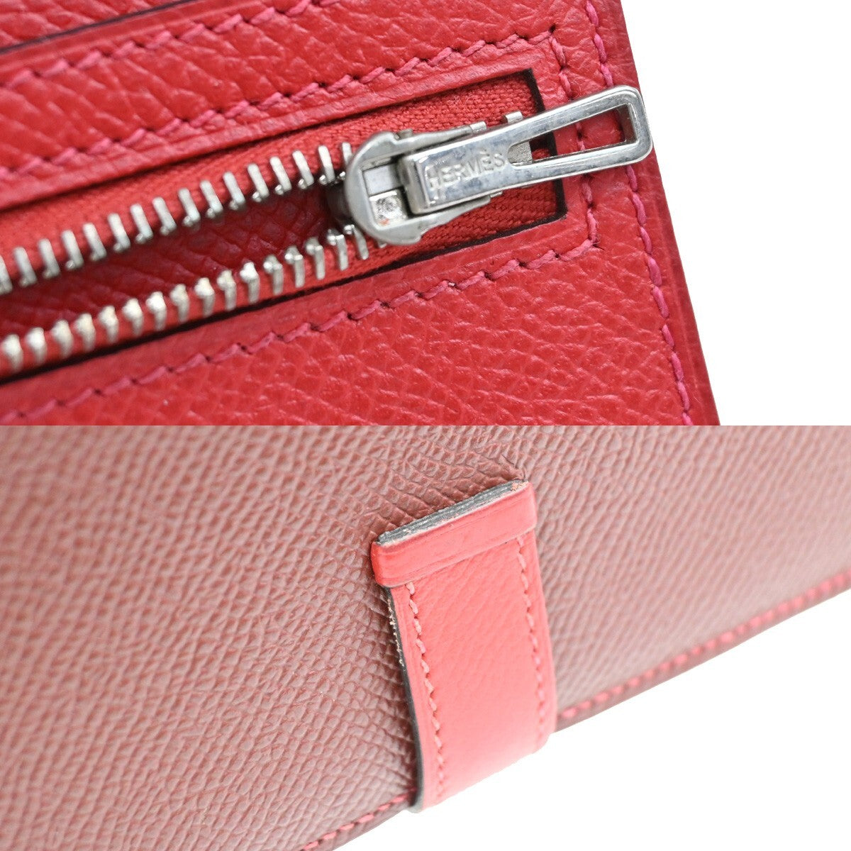 HERMES Logo Bearn Bicolor Long Bifold Wallet Leather Red Burgundy SHW 96RF294