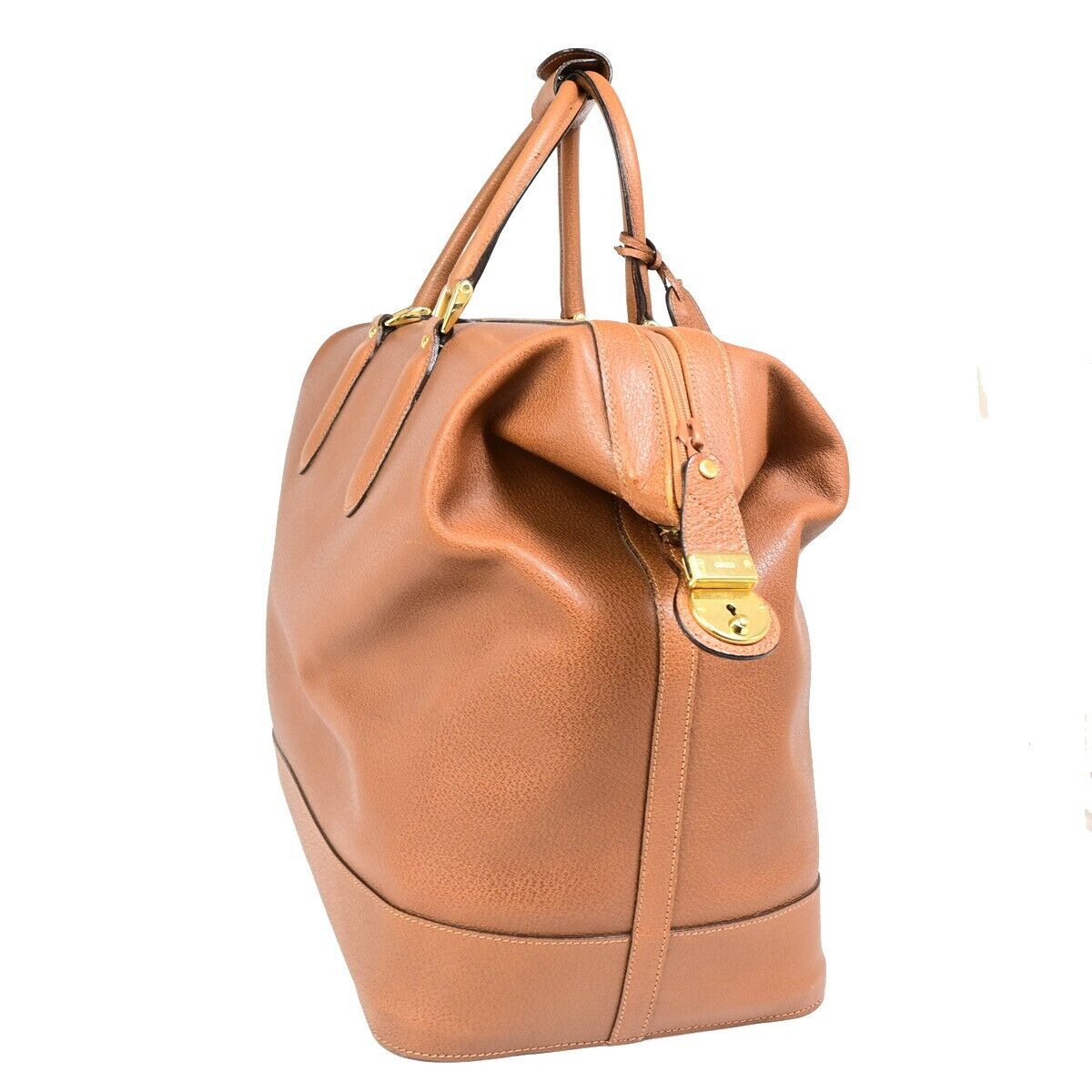 GUCCI Logo Camel Travel Hand Bag Leather Brown GWH Made In Italy 33FA974