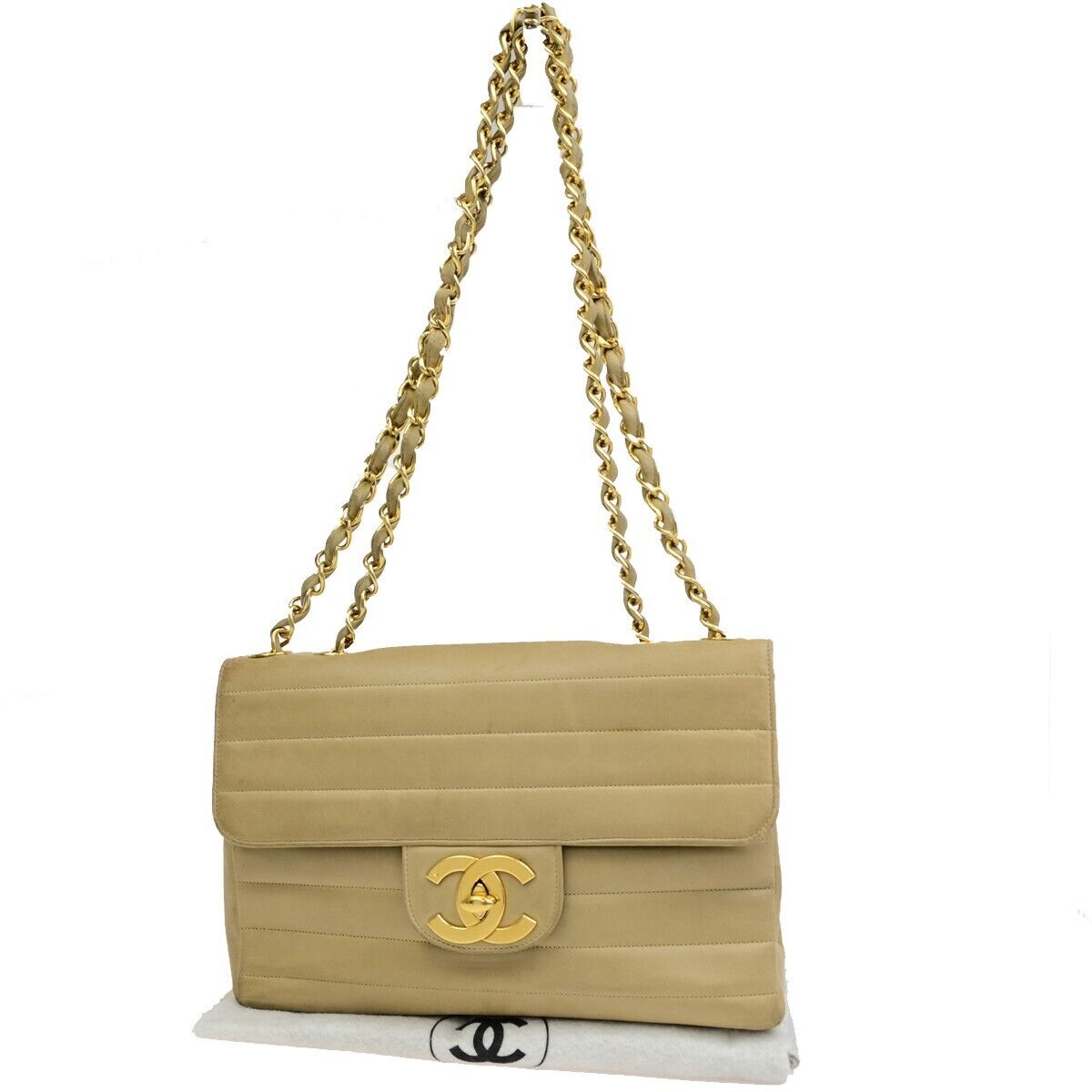 CHANEL CC Horizontal Stitch 30 Chain Shoulder Bag Leather Beige Vintage 653RF229