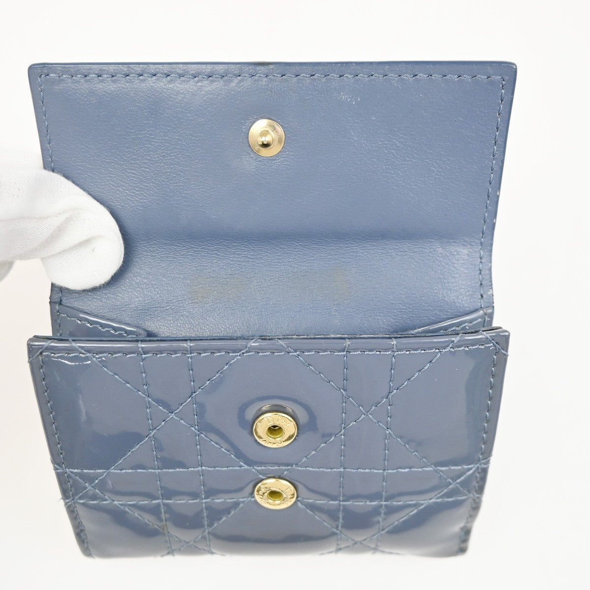 CHRISTIAN DIOR Cannage Mini Lady Dior Wallet Patent Leather Blue GHW 02KD081