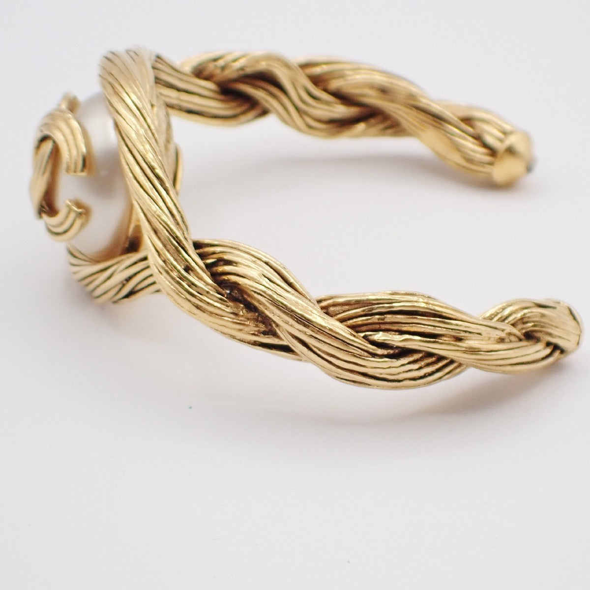 CHANEL CC Logo Imitation Pearl Bangle Bracelet Gold White 94A GHW France 38RL858