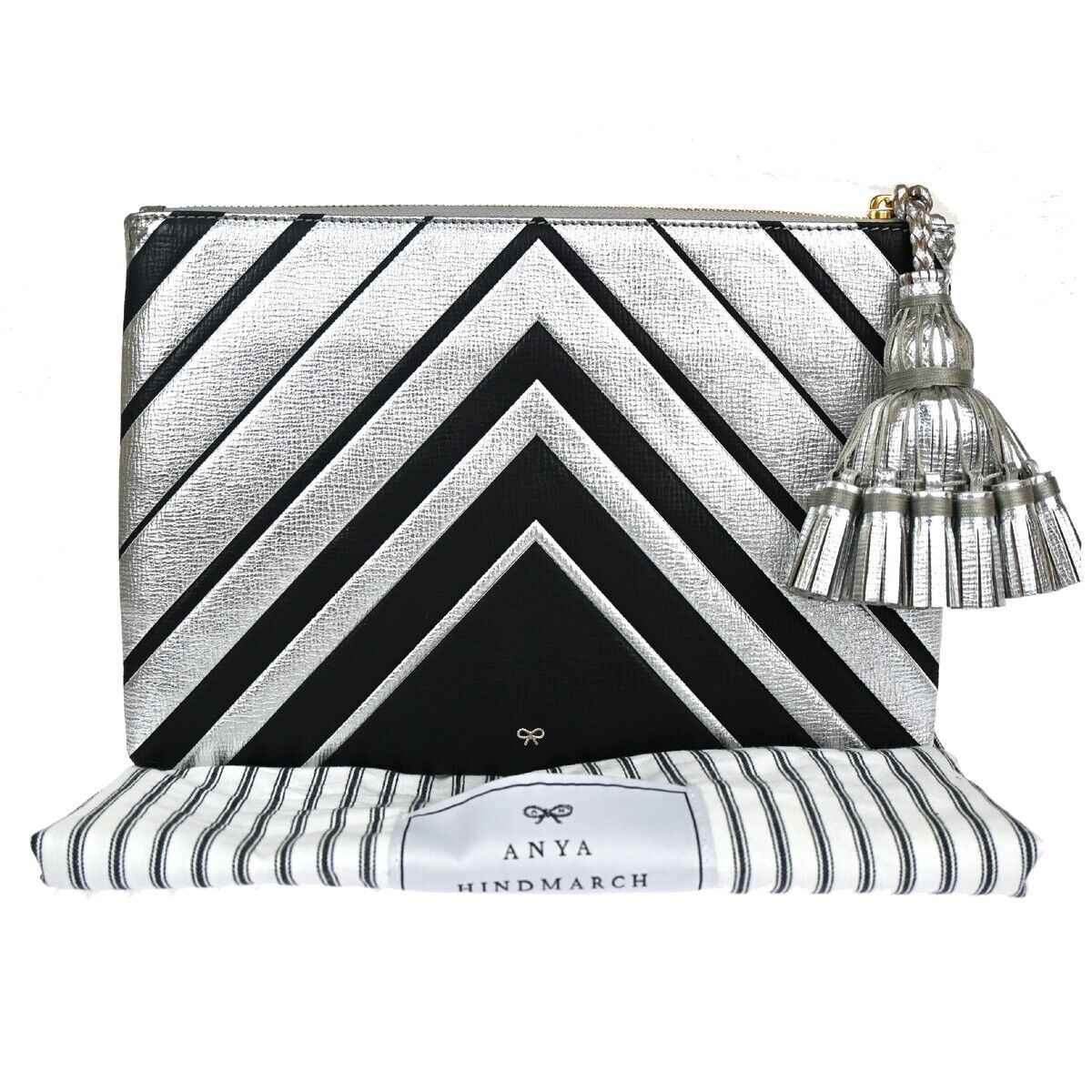 ANYA HINDMARCH Logo Fringe Tassel Clutch Hand Bag Leather Silver Black 69EA079