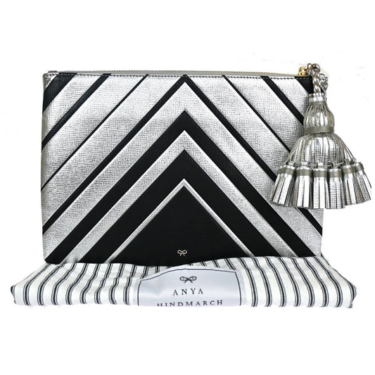 ANYA HINDMARCH Logo Fringe Tassel Clutch Hand Bag Leather Silver Black 69EA079